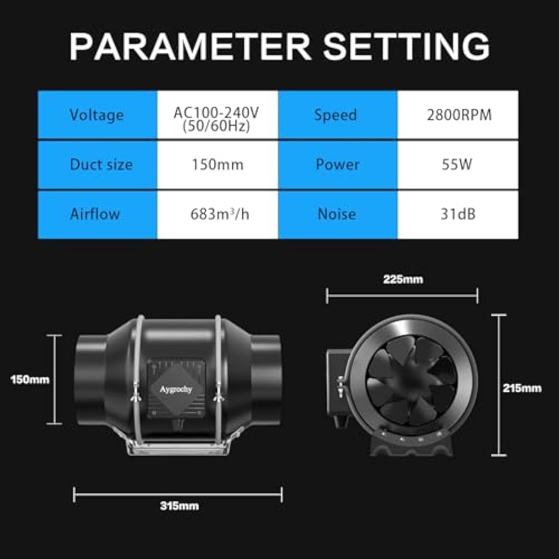 Aygrochy 6 inch wifi APP inline fan with Temperature and Humidity controller, Extractor Fan for Booster, Growth Tents, Ventilation and exhaust fan.