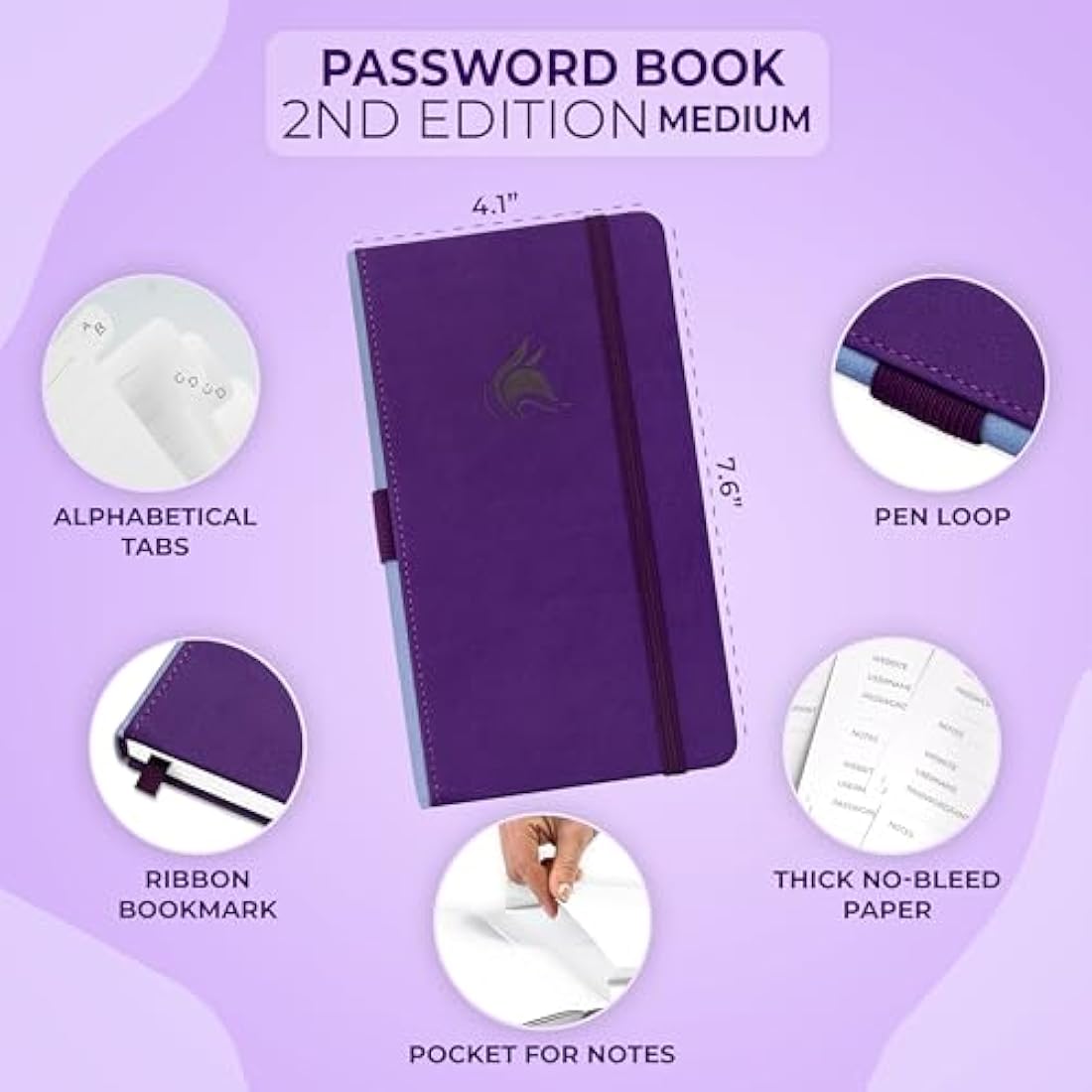 Clever Fox Password Book 2nd Edition – Hardcover Password Keeper with Laminated Alphabetical Tabs – Internet Address Notebook & Login Details Organizer Journal – 10.4x19.3cm (Purple)