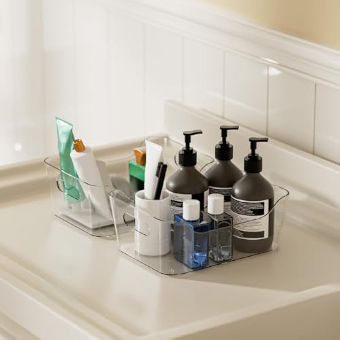 12PCS Clear Storage Box Organisers Plastic Bathroom Organiser Versatile Kitchen Organiser Tray for Desk, Makeup , Kitchen Pantry Organizers and Storage