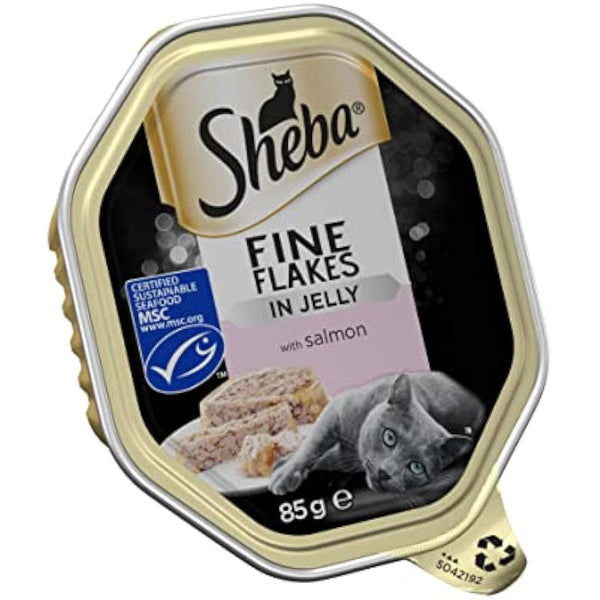 Sheba Fine Flakes in Jelly with Salmon – Wet cat food trays for adult cats – 22 x 85 g Pack