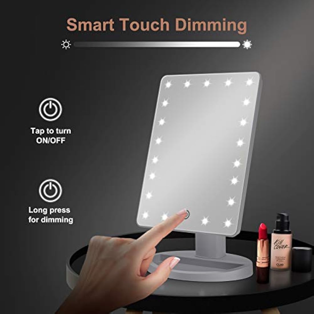 FASCINATE Makeup Vanity Mirror with Lights and Detachable 10X Magnification, 21 Led Lights Adjustable Dimming Touch Sensor, Dual Power Supply, 180° Rotation, Portable Cosmetic Mirror(White)
