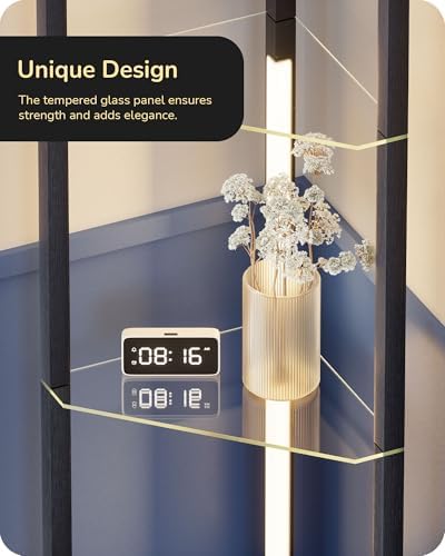 EDISHINE LED Floor Lamps with Glass Shelves, 4 Layers Wood Dimmable Standing Lamp, 360° Rotatable Poles, Corner Floor Lamps for Living Room Bedroom Office, Black