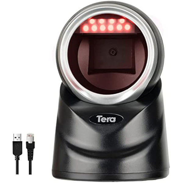 Tera Pro 2D QR Desktop Barcode Scanner Omnidirectional Adjustable Scan Head, USB Wired Handsfree Platform Automatic Bar Code Reader for Market Retail Store Phone Screen Payment, 9100