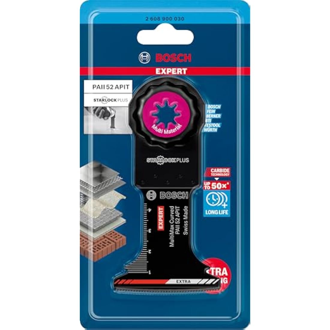 Bosch 1x EXPERT MultiMax PAII 52 APIT Plunge Cut Blades (for Stainless steel sheets, Fibre plastics GFK, CFK, Width 52 mm, Professional Accessory Multitool)