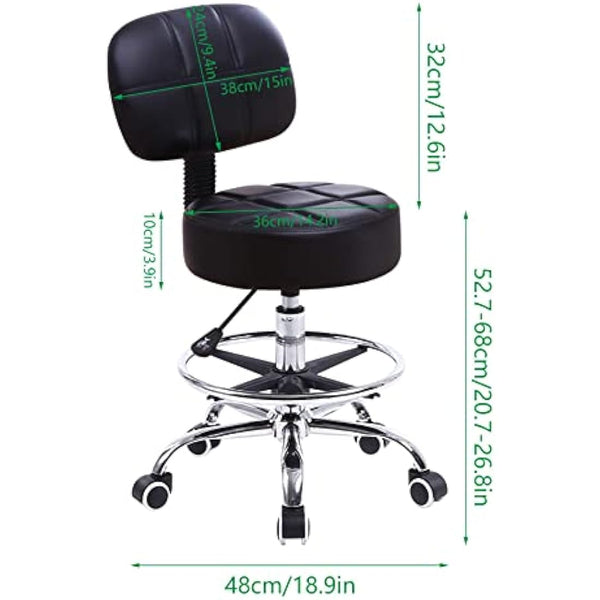 KKTONER Swivel Round Rolling Stool PU Leather with Adjustable Foot Rest, Height Adjustable Task Work Drafting Chair with Back (Black)