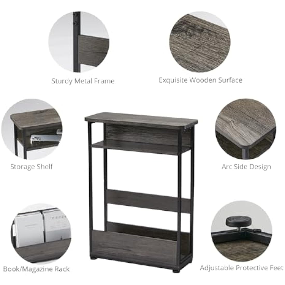 YEAKOO Narrow Side Table for Narrow and Small Spaces, Skinny Bedside Table Small Nightstand with Magazine Rack Space Saving (Grey, M)