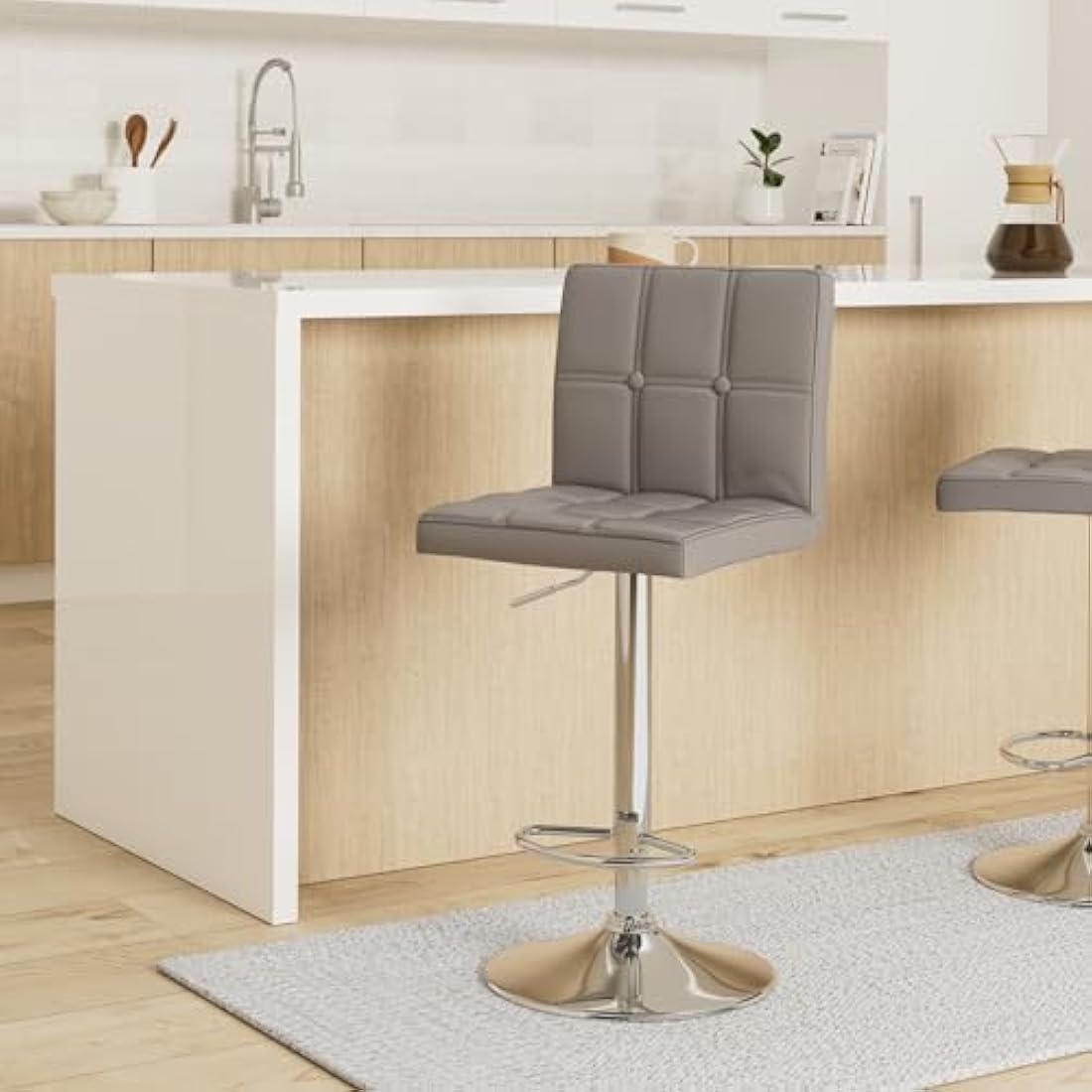 Leader Accessories Bar Stools (2/Set) Adjustable Bar Chairs Breakfast Dining Stools for Kitchen Island Counter PU Leather Double Stitching Square Back with decoration (Light Grey)