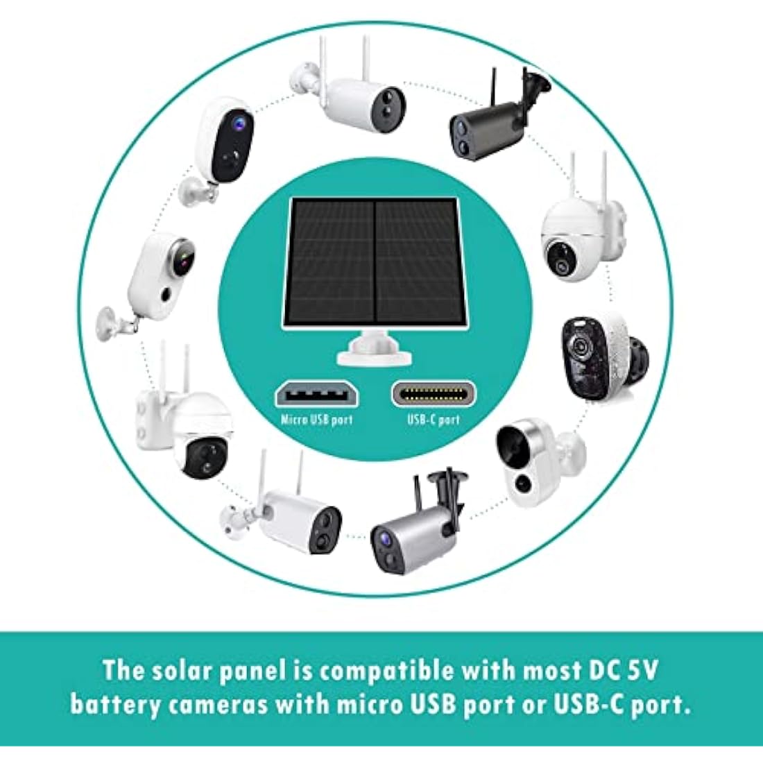 5W Solar Panel for Security Camera, Solar Panel for DC 5V Outdoor Rechargeable Battery Camera, Solar Panels with Micro USB and USB-C Port, Adjustable Security Mount, IP65 Waterproof, 9.8ft Cable