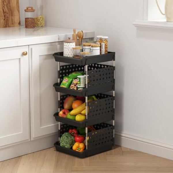 Lifewit Stackable Storage Baskets, 4 Tier Plastic Storage Trolley Unit Rack Shelf for Wardrobe, Kitchen, Cupboard Organiser, Black, 35 x 30 x 72 cm