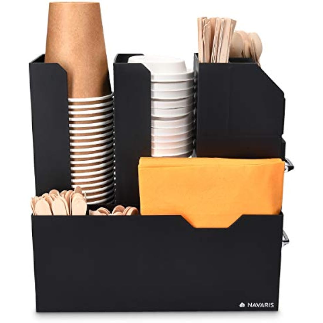 Navaris Coffee Condiment and Accessory Caddy - Coffee and Tea Organiser Station Cup Storage Holder Box Stand with Compartments and 2 Drawers - Black