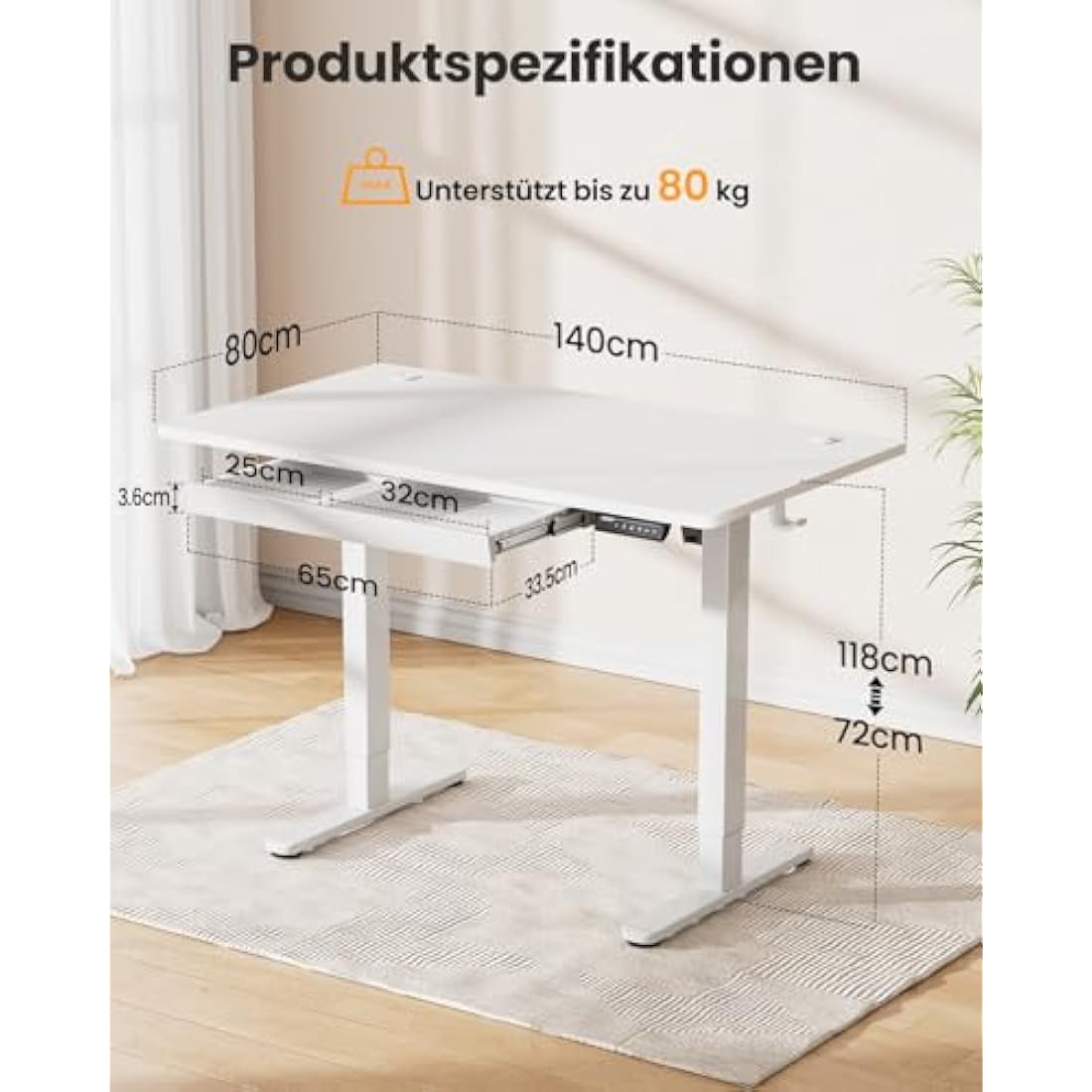 ErGear Electric Standing Desk 140 x 80 cm, Height Adjustable Desk, Sit Stand Table with Easy-Glide Drawer & 4 Memory Smart Pannal, T-Leg Design for Stability, Splice Board, White Frame & Surface