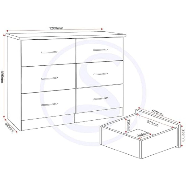 Seconique Nevada 6 Drawer Chest in Grey Gloss/Light Oak Effect Veneer