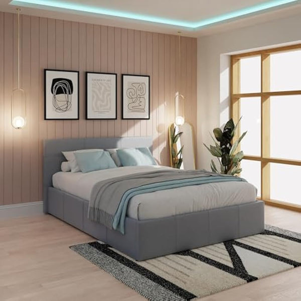 GFW Classic Leather Upholstered Ottoman Storage Bed With Gas End Lift & Under Bed Storage, Small Double, Faux Leather, Grey