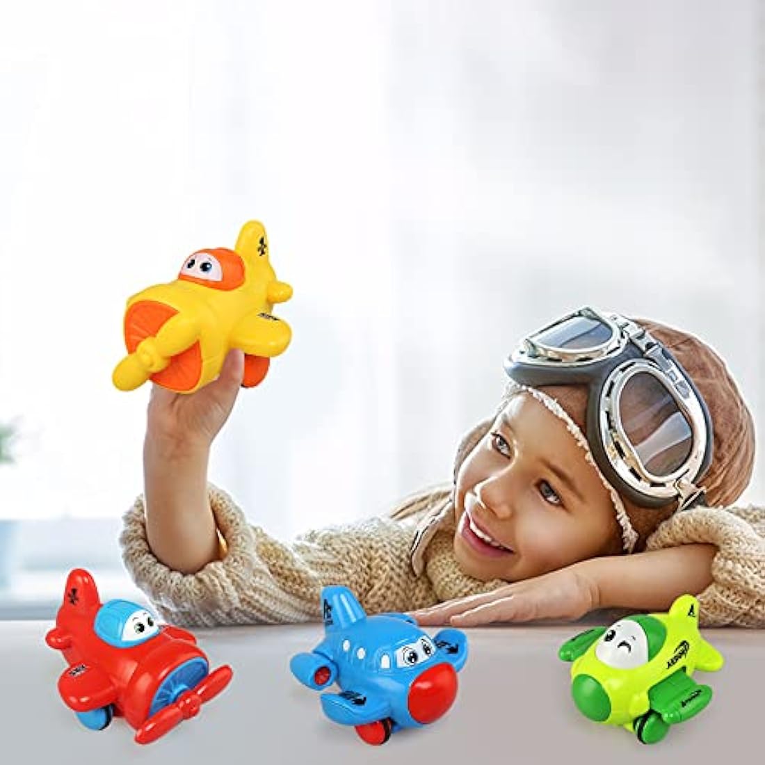 JoyPlus Baby Toy Cars for 1 2 3 Year Olds, 4 PCS Push and Go Airplane Cars, Friction Powered Airplane Toys, Pull Back Aircrafts Vehicle Set, Helicopter Gifts for 1 2 3 4 Year Olds Boys Girls
