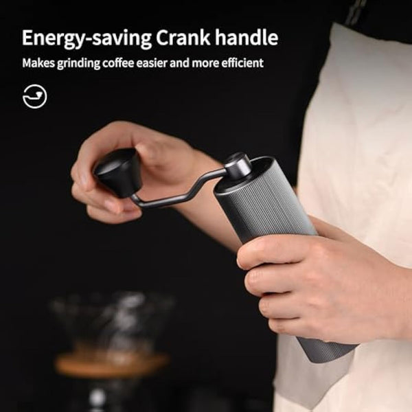 ELMWAY Manual Coffee Grinder – Stainless Steel Burr & Shaft, Dual Bearings, Lightweight Aluminium Body & Handle, Adjustable Grind, ABS Support Frame, Travel Pouch – Silver