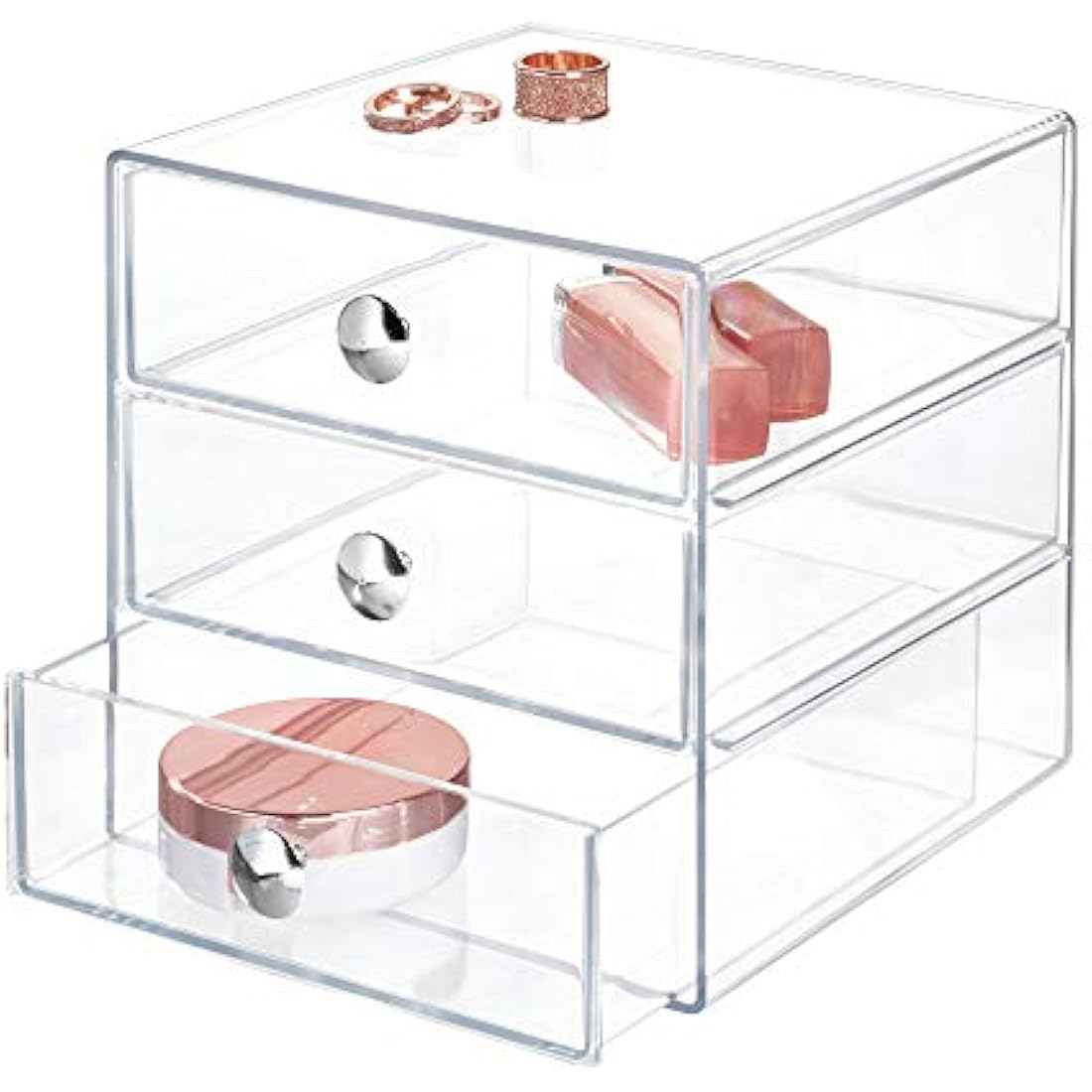 iDesign 35300 Makeup Organiser with Three Drawers, Sturdy Plastic Storage Box for Makeup, Accessories, Jewelry and More, Compact Dressing Table Organiser, Clear