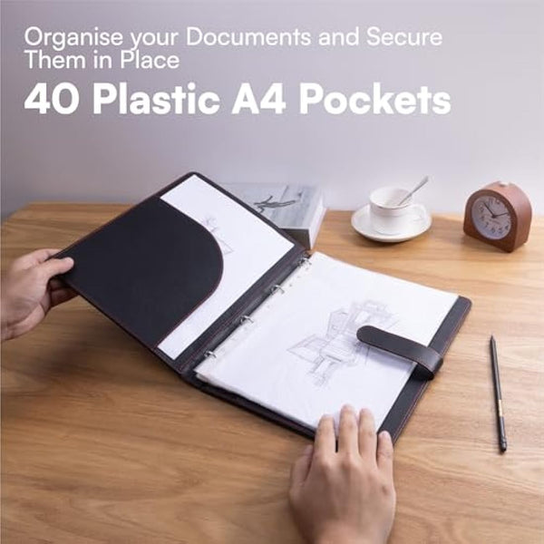 H&S A4 Portfolio Folder with Ring Binder Mechanism - with 40 Plastic A4 Document Pockets - Black Faux Leather Conference Folder
