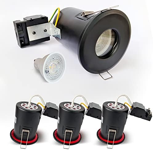 4XSweier 90 Minute Fire Rated Ceiling Recessed LED Spotlight, 5W 3000K Warm White IP65 Waterproof Bathroom LED Recessed Downlight, Cutout 75mm. Black (Non-Dimmable)