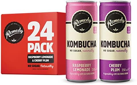 Remedy Kombucha Tea - Raspberry Lemonade & Cherry Plum - Sparkling Live Cultured, Naturally Sugar Free Soft Drink - Prime Probiotic for Gut Health - 24 x 250ml