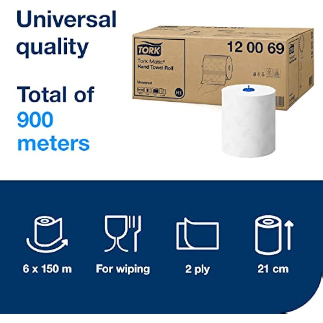 Tork Matic Hand Towel Roll White H1, Universal, Embossed for Efficient Drying, 6 x 150m rolls, 120069