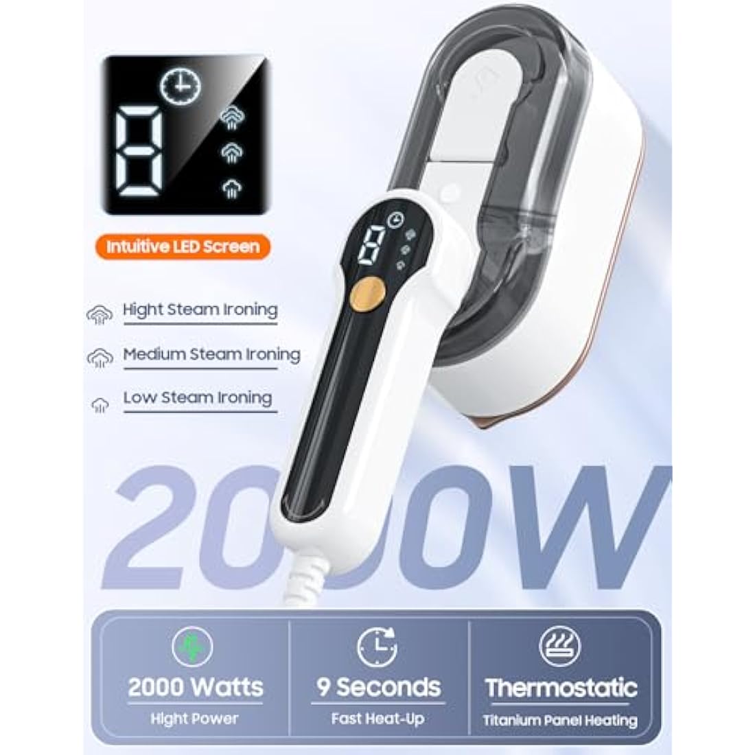 Travel Iron Portable Clothes Steamer - Upgraded 2 in 1 Steam Handheld Clothing Wrinkles Remover for Garments, 4 Steam Levels, 10S Fast Heat-up, 150ML Water Tank, LCD Screen Iron for Home,Office,Travel