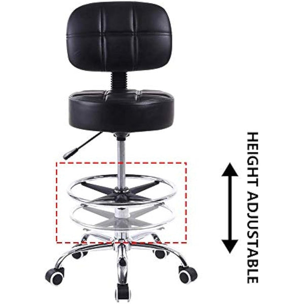 KKTONER Swivel Round Rolling Stool PU Leather with Adjustable Foot Rest, Height Adjustable Task Work Drafting Chair with Back (Black)