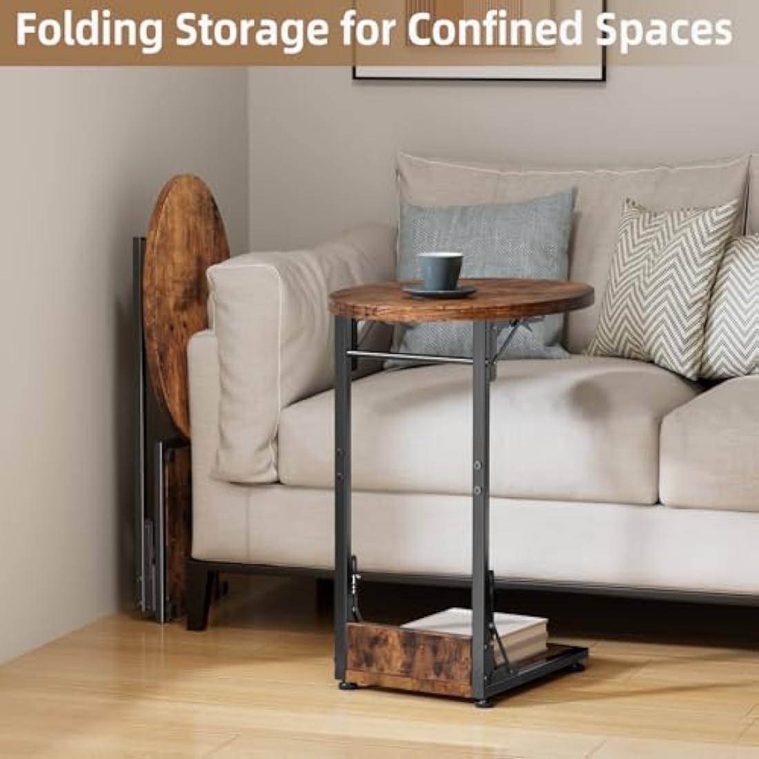 Mutool C Shaped Side Table, Foldable Round Sofa Table with Metal Frame, Small Coffee Table for Living Room Bedroom Office, Rustic Brown & Black