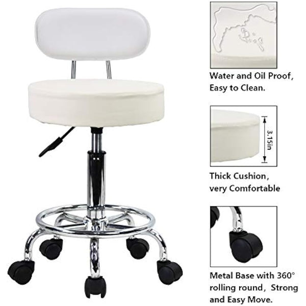 KKTONER PU Leather Rolling Stool Mid-Back with Footrest Height Adjustable Office Computer Home Drafting Swivel Task Chair with Wheels (White)