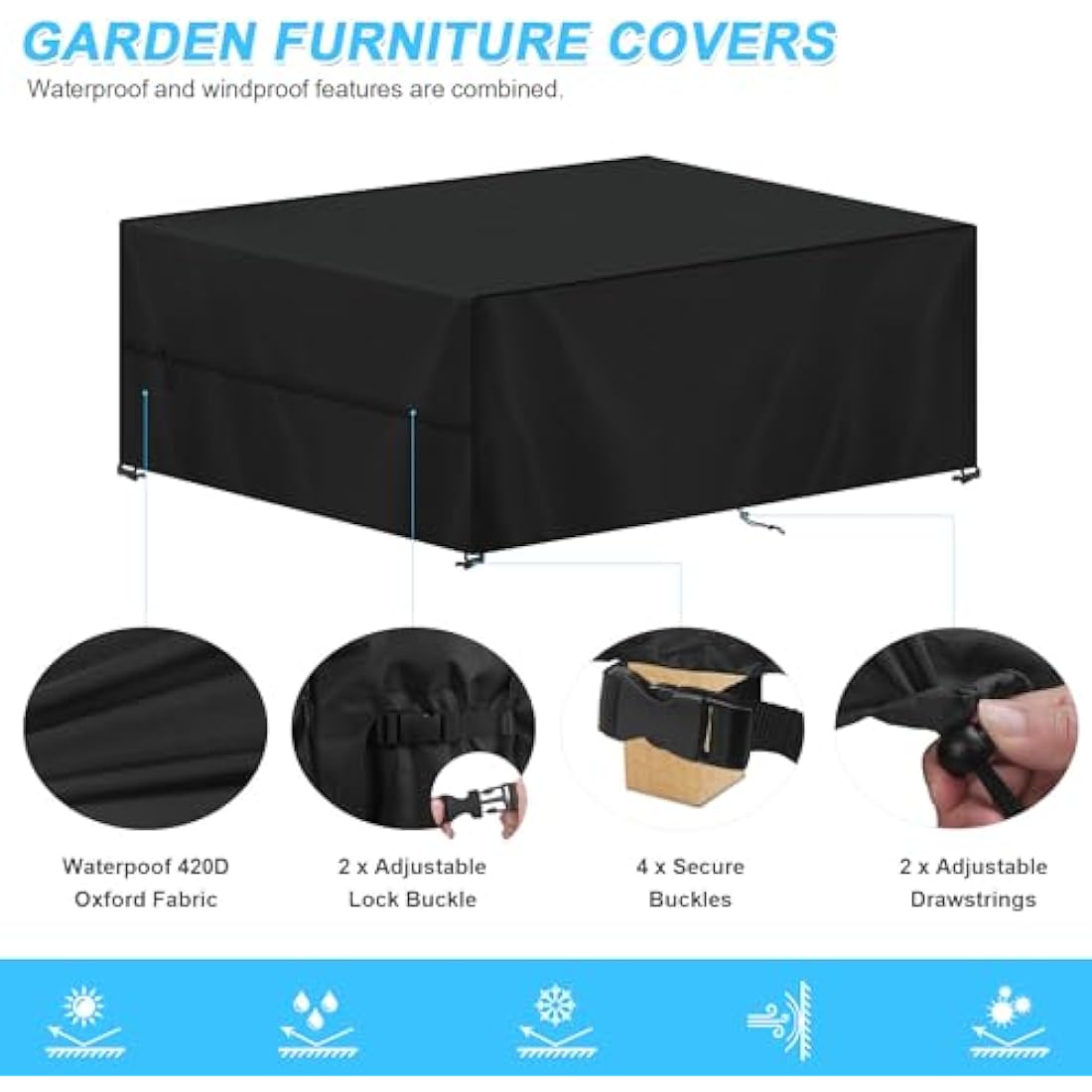 SIMPHAUS Large Garden Table Cover 220x130x85cm Outdoor Furniture Covers Waterproof Rattan Garden Furniture Covers for Outside Garden Furniture,Garden Sofa Cover with Straps,Anti-UV 420D Oxford Fabric