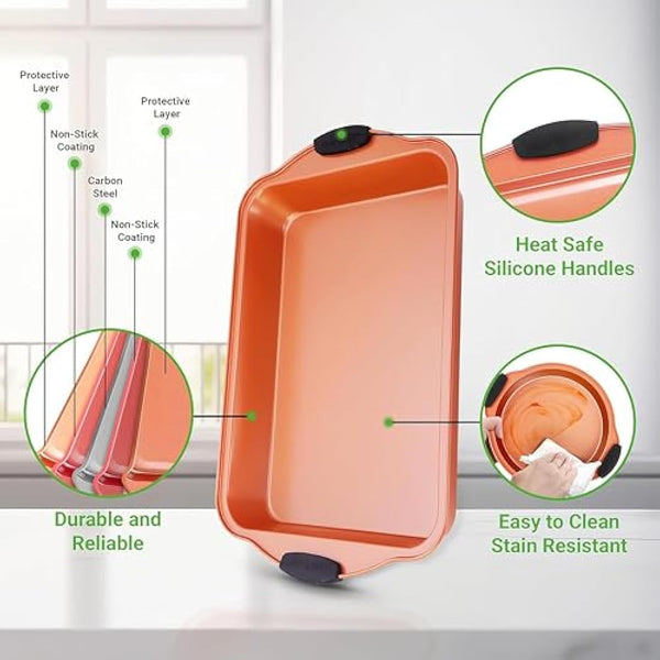 NutriChef 10-Piece Non-Stick Baking Pans Set - Premium Nonstick Carbon Steel Oven Bakeware - Includes Cookie Sheets, Muffin & Cake Pans, Pizza Crisper, Roasting Pans, w/Silicone Handles - Copper