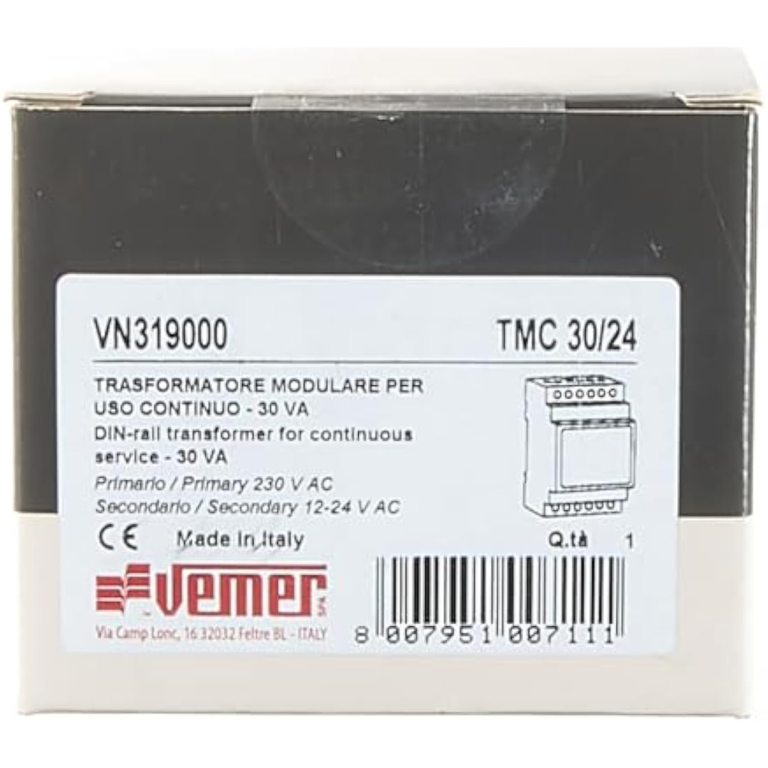 VEMER VN319000 TMC 30/24 Continuous Operation Transformer 230 V/12 – 24 V, Power 30 VA, White
