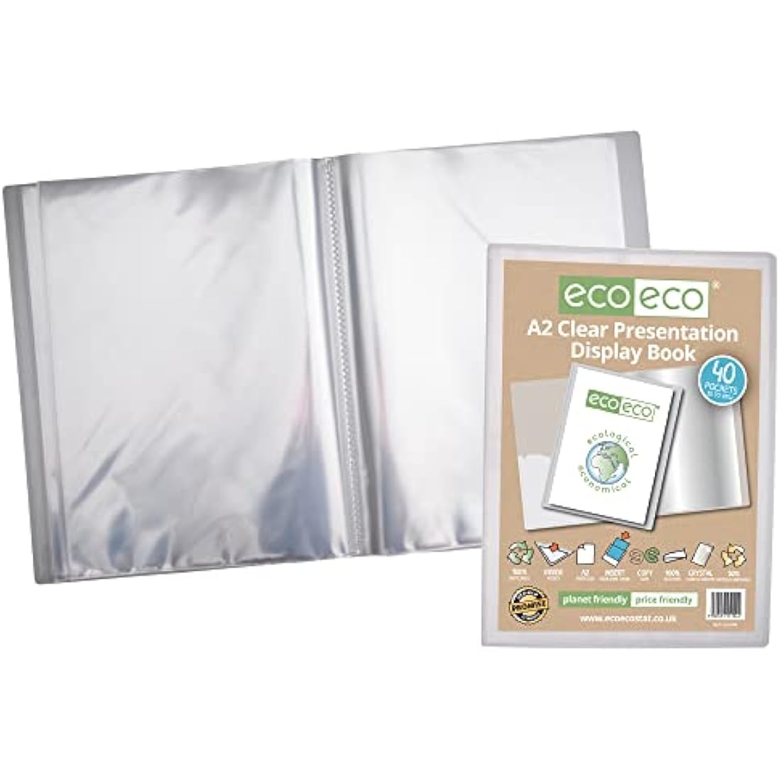 eco-eco A2 Size 50% Recycled 40 Pocket Clear Presentation Display Book, Storage Case Portfolio Art Folder with Plastic Sleeves, eco104