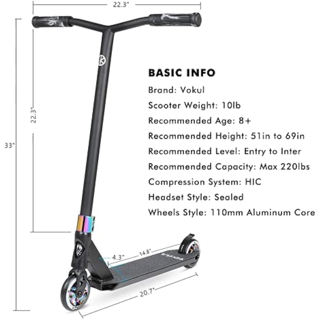 VOKUL BIZT K1 Pro Scooter - Stunt Scooters for Kids 7 Years and Up, Beginner to Intermediate Tricks Freestyle Scooters with 110MM Alloy Wheels