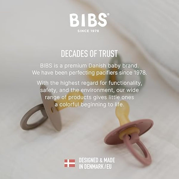 BIBS Colour Soother 2-Pack, BPA Free Dummy Pacifier, Round Nipple. Natural Rubber Latex, Size 2 (6-18 Months), Honey Bee/Olive