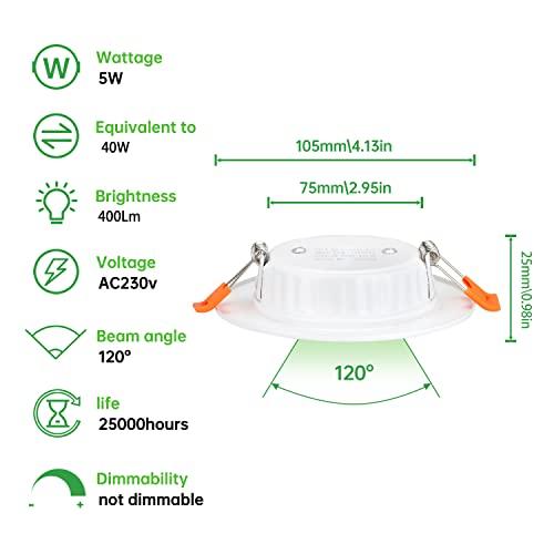 Tofisr LED recessed Ceiling Light,5W Neutral White 4500K,Round Metal Downlights for Ceiling,220V - 240V,Cutout 75-95mm,Ultra Slim Round Spotlights