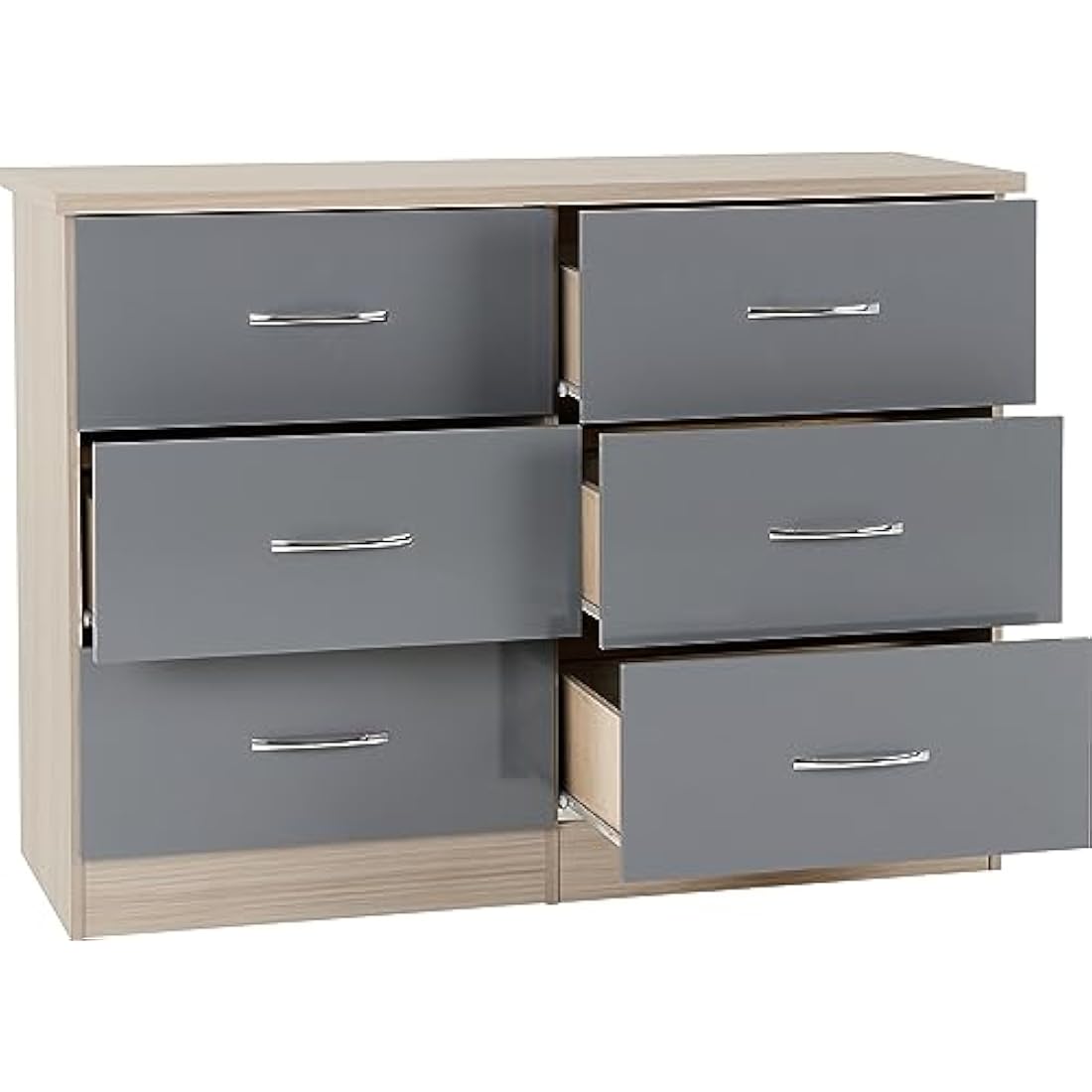 Seconique Nevada 6 Drawer Chest in Grey Gloss/Light Oak Effect Veneer