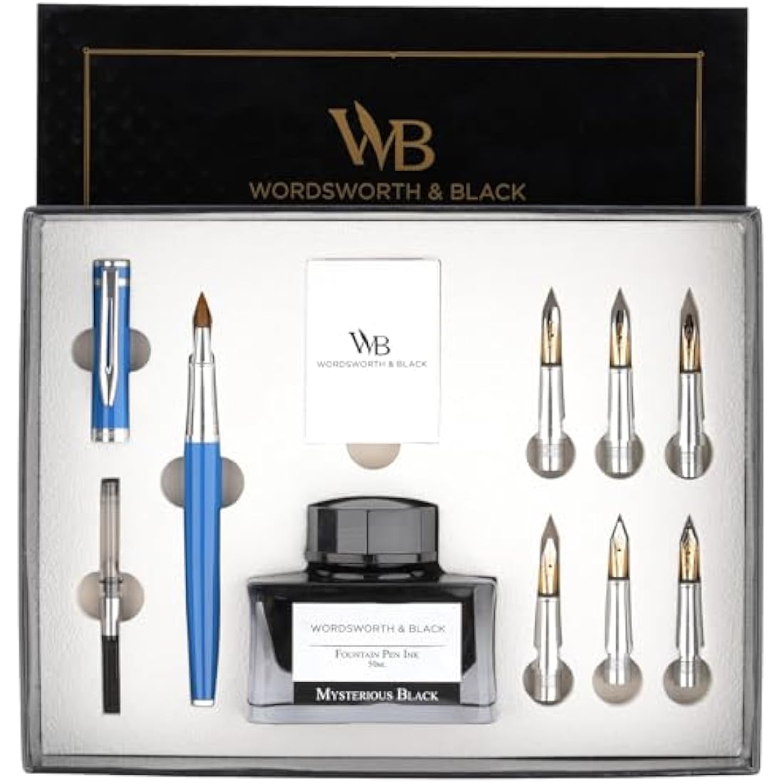 Wordsworth & Black Calligraphy Pen Gift Set, Includes Ink Bottle, 6 Ink Cartridges, Ink Refill Converter, 6 Replacement Nibs, Premium Package, Journaling, Smooth Writing Pens [Blue Chrome]