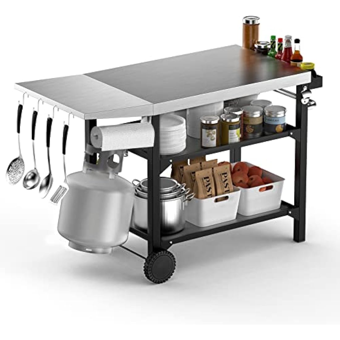 onlyfire BBQ Trolley Food Prep Table Stainless Steel, Flattop Worktable with Side table, Two-Layer Steel Storage Shelves and Utensil Holder