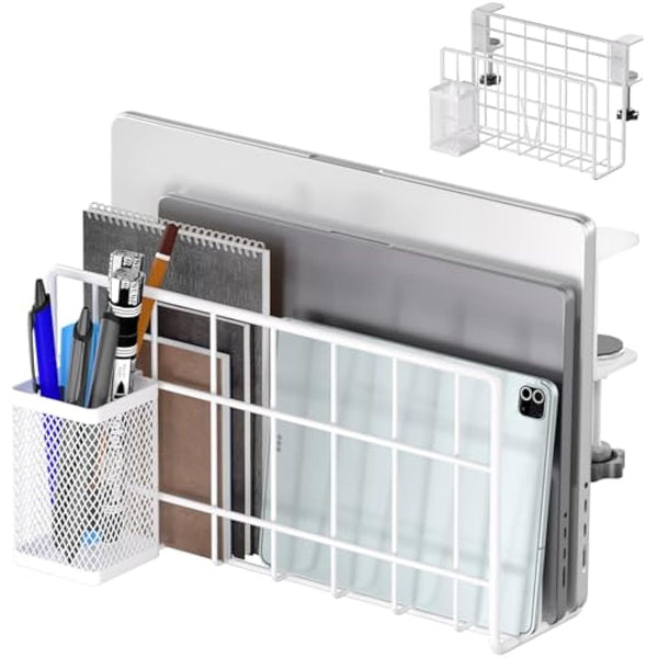 THYGIFTREE Desk Side Storage, Vertical Laptop Stand, Laptop Holder Desk with Pen Holder, Clamp on Shelf (WHITE)