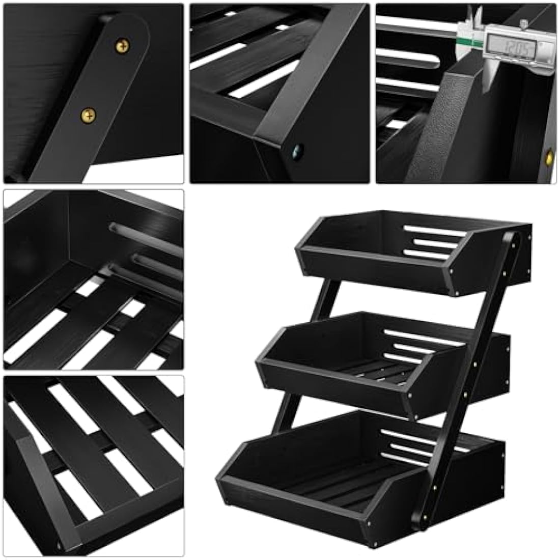 CALM COZY Bamboo Fruit Basket, 3-Tier Fruit Rack Holder Organiser for Countertop, Decorative Fruit Bowl Vegetables Bread Storage Stand for Kitchen, Black