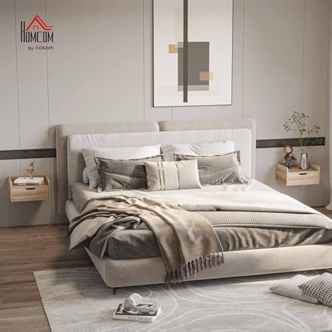 HOMCOM Floating Nightstand Set of 2 Wall Mounted Bedside Table with Storage Drawer for Bedroom, Natural