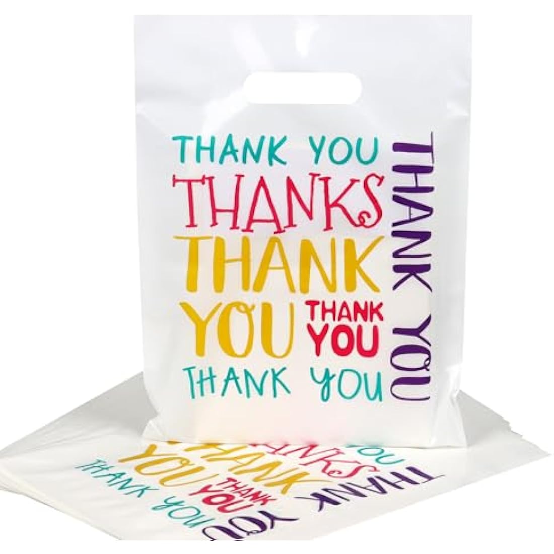 100 Pack Colorful Thank You Gift Bags Small- 23x30cm Merchandise Retail Plastic Carrier Bags with Handles for Shopping, Parties Favors, Boutique, Stores, Business, Market Stall, Trade Shows, Wholesale
