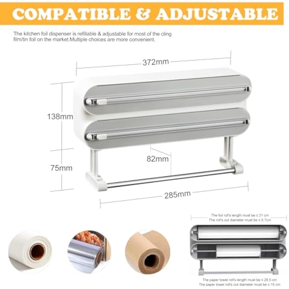 Magnetic Cling Film Dispenser and Cutter - Upgraded 3-in-1 Wall-Mounted Kitchen Roll Holder, Quasziwa Refillable Aluminium Foil Dispenser with Paper Towel Holder - Includes 1x50m Clingfilm Roll, White