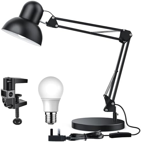 LONGTOO Bigger Table Lamp with E27 Screw Bulb, Flexible Clamp on Desk Light, Adjustable 65cm Swing Arm Light for Office, Bedside, Studying, and Reading