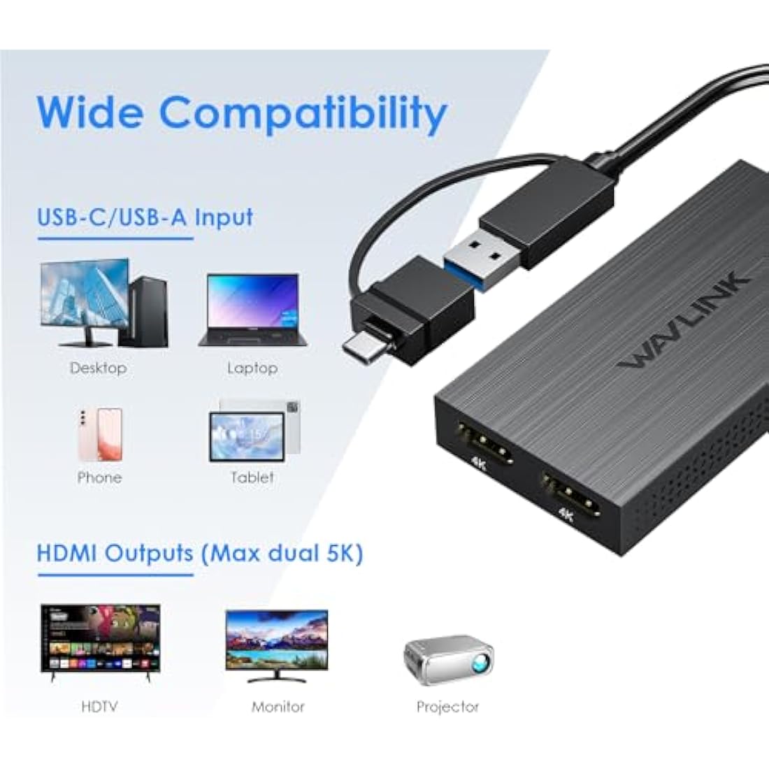 WAVLINK USB 3.0/C to Dual HDMI Splitter for Extended Display, Displaylink Adapter 4K 60Hz for Apple Mac M1/M2/M3 or Windows 10/11