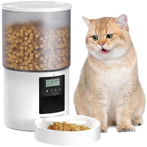 Automatic Cat Feeder: Cat Food Dispenser with Programmable Timer - Intelligent Cat Bowls with 10s Voice Recorder - Electric Dog Feeder Support 1-6 Meals Button Control White 4L
