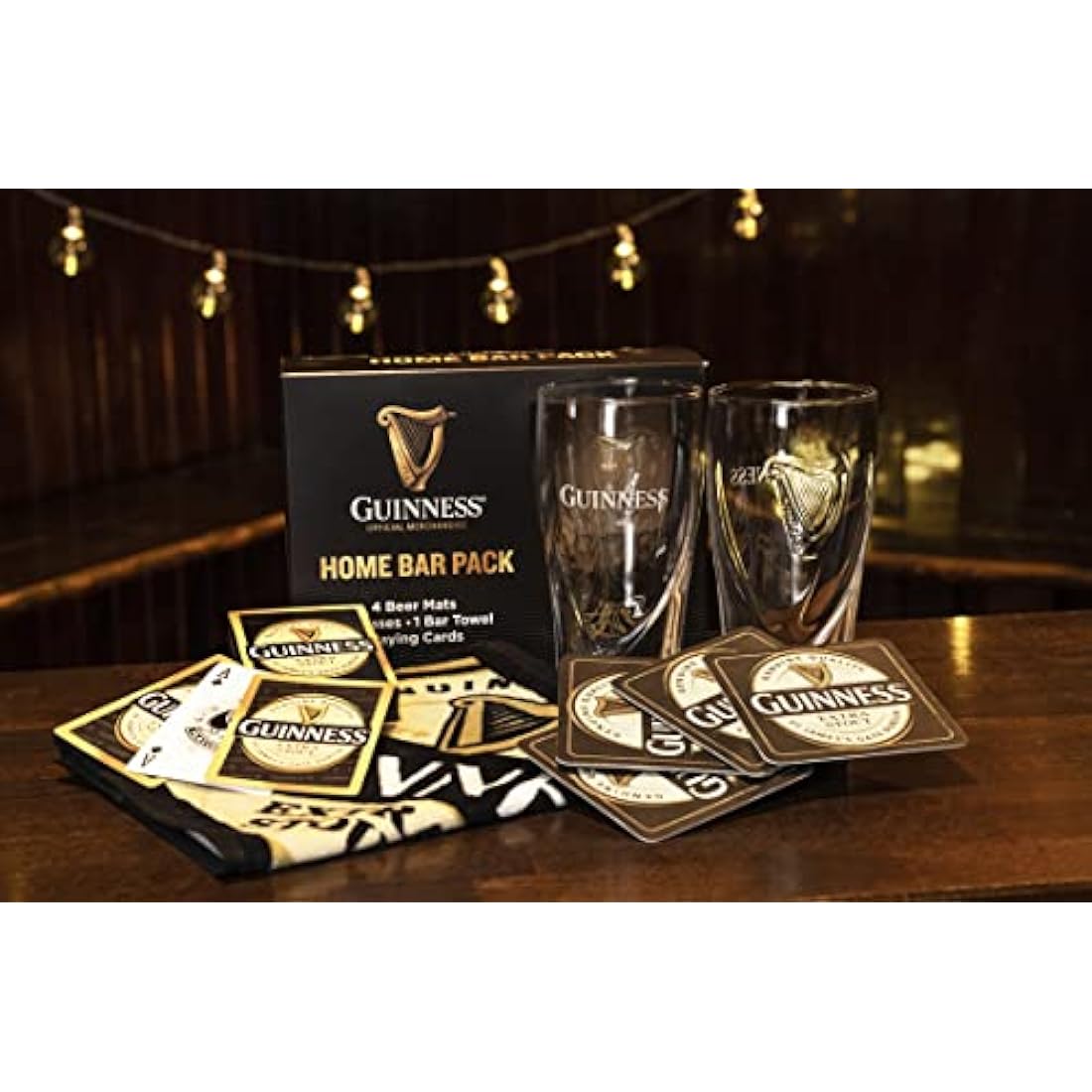 Guinness Home Bar Pack - Gravity Pint Glasses, Bar Towel & Playing cards