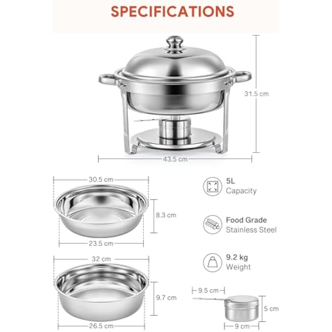 Wilprep Chafing Dish Buffet Set of 4, Round Stainless Steel Chafing Dishes and Food Warmers with Lids Food Pans & Fuel Holders, 5L Buffet Trays for Restaurant Catering Parties Weddings Picnics
