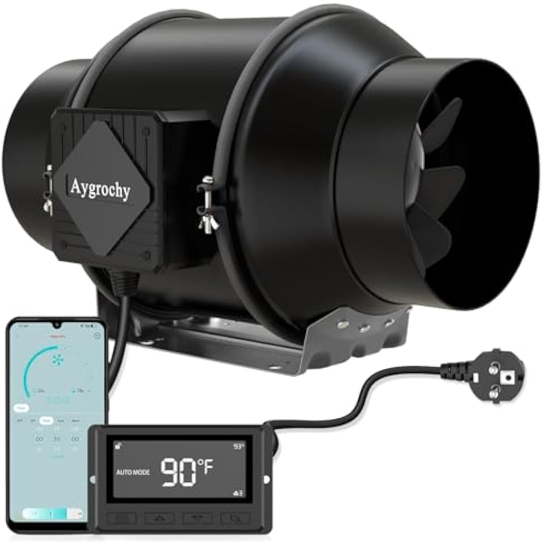 Aygrochy 6 inch wifi APP inline fan with Temperature and Humidity controller, Extractor Fan for Booster, Growth Tents, Ventilation and exhaust fan.