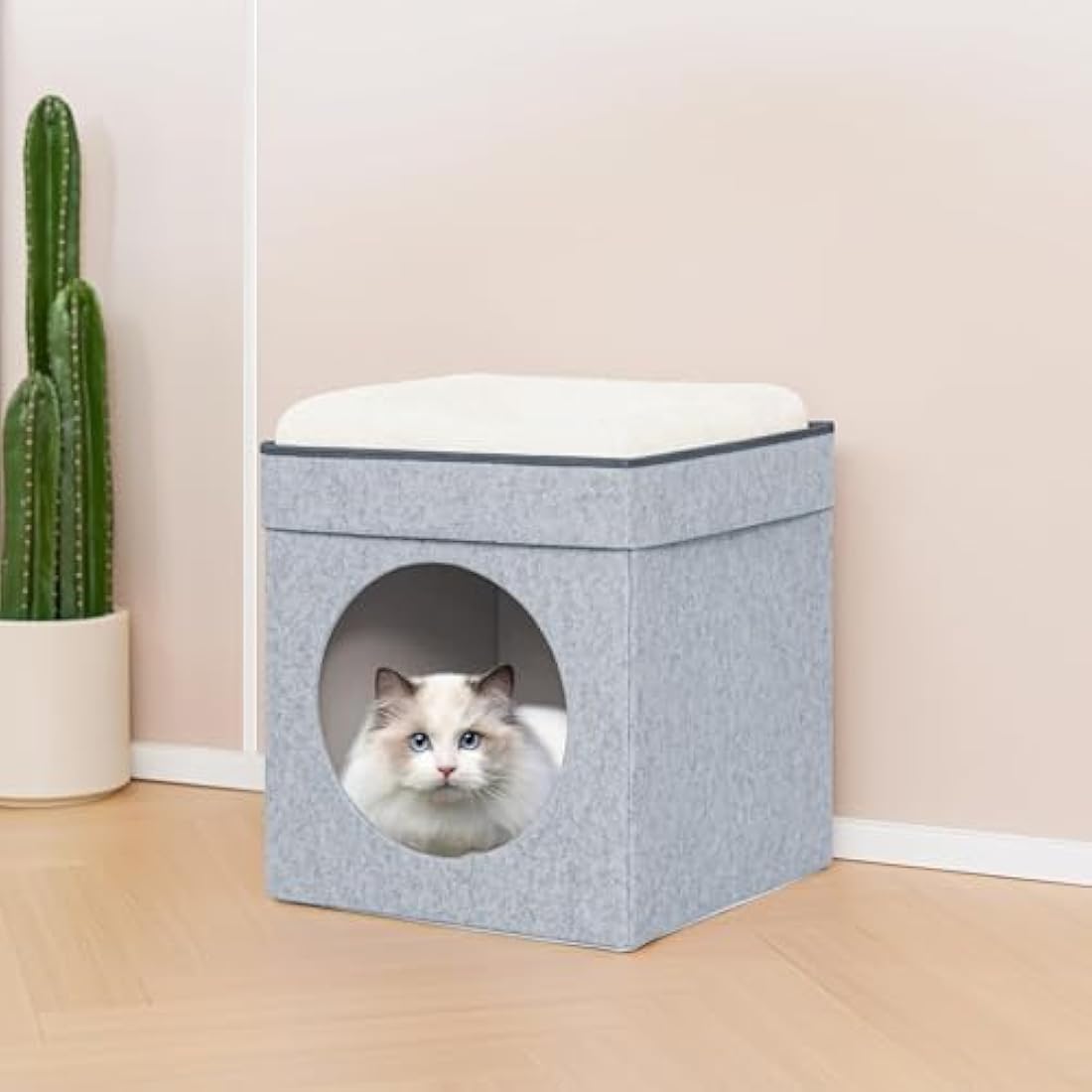 Bonlife Large Cat Beds for Indoor,Felt Pets Tent with Two Move Cushion,Warm Comfortable Semi-Enclosed Foldable Cat Hideaway,Light Grey,45X45X50CM